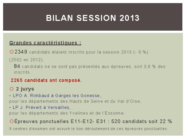 BILAN SESSION 2013 Grandes caractéristiques : 2349 candidats étaient inscrits pour la session 2013