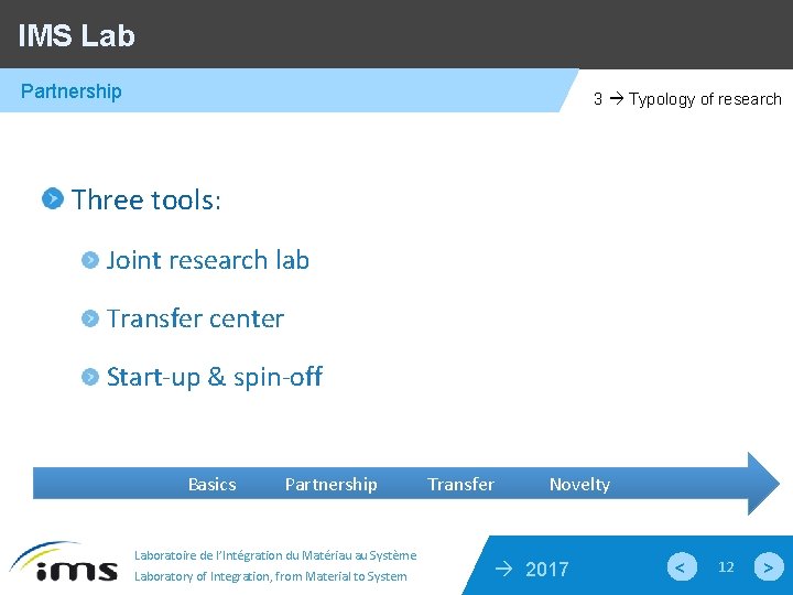 IMS Lab Partnership 3 Typology of research Three tools: Joint research lab Transfer center