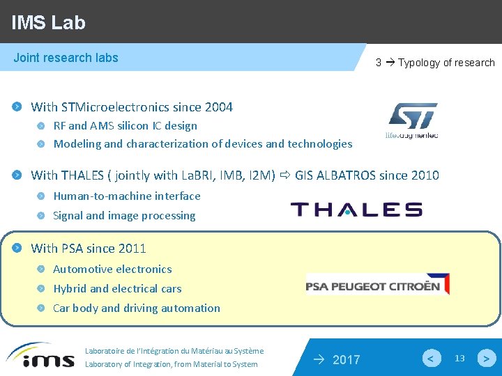 IMS Lab Joint research labs 3 Typology of research With STMicroelectronics since 2004 RF