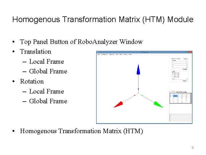 Homogenous Transformation Matrix (HTM) Module • Top Panel Button of Robo. Analyzer Window •