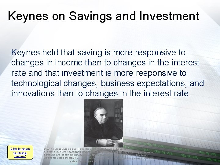 Keynes on Savings and Investment Keynes held that saving is more responsive to changes