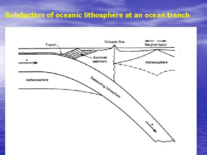 Subduction of oceanic lithosphere at an ocean trench  Subduction of oceanic lithosphere at an ocean trench