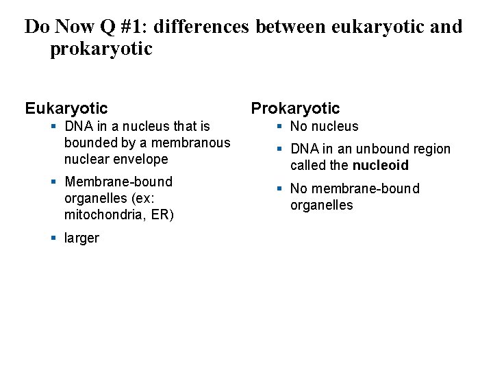 Do Now Q #1: differences between eukaryotic and prokaryotic Eukaryotic Prokaryotic § DNA in