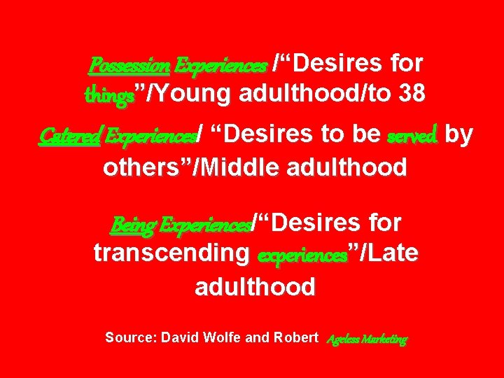 Possession Experiences /“Desires for things”/Young adulthood/to 38 Catered Experiences/ “Desires to be served by