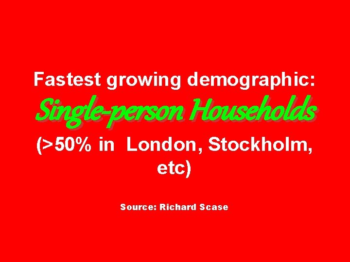 Fastest growing demographic: Single-person Households (>50% in London, Stockholm, etc) Source: Richard Scase 