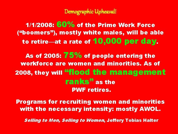 Demographic Upheaval! 1/1/2008: 60% of the Prime Work Force (“boomers”), mostly white males, will