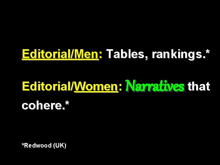 Editorial/Men: Tables, rankings. * Editorial/Women: Narratives that cohere. * *Redwood (UK) 