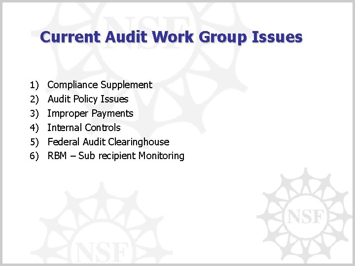 Current Audit Work Group Issues 1) 2) 3) 4) 5) 6) Compliance Supplement Audit