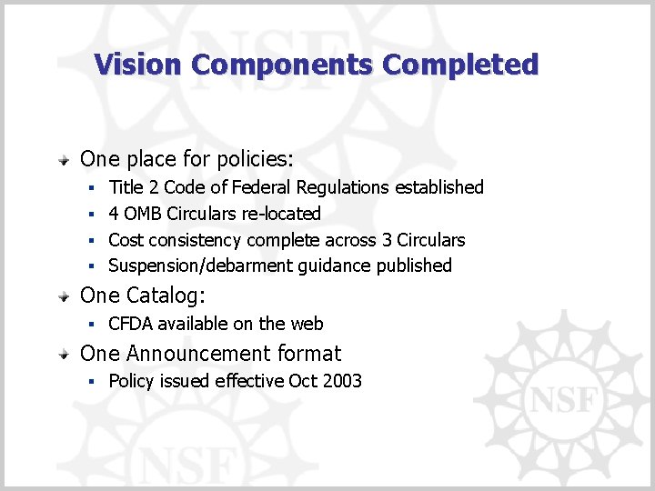 Vision Components Completed One place for policies: § Title 2 Code of Federal Regulations