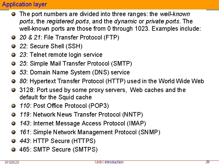 Application layer The port numbers are divided into three ranges: the well-known ports, the