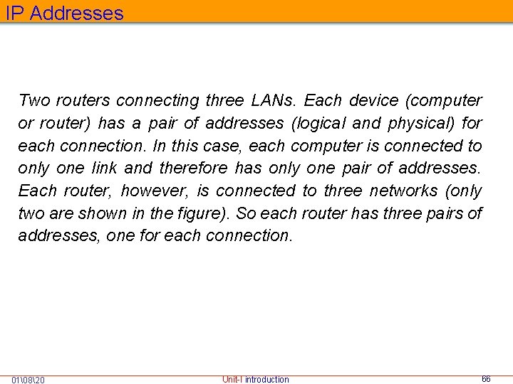 IP Addresses Two routers connecting three LANs. Each device (computer or router) has a