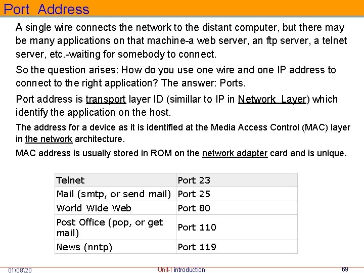 Port Address A single wire connects the network to the distant computer, but there