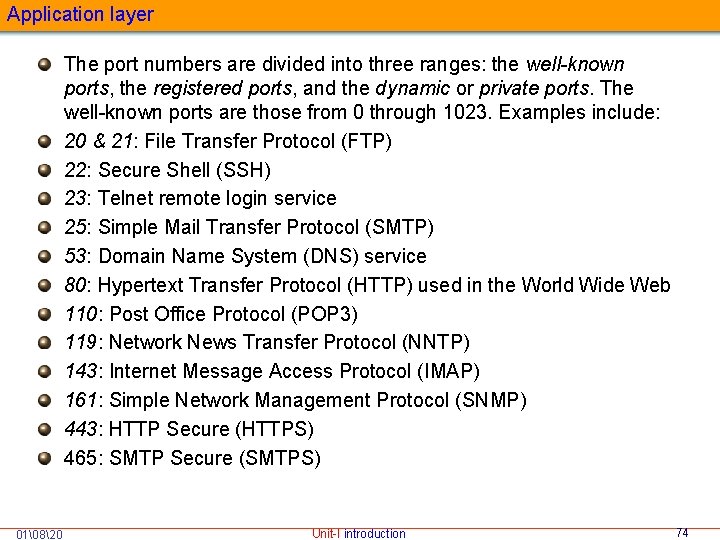 Application layer The port numbers are divided into three ranges: the well-known ports, the