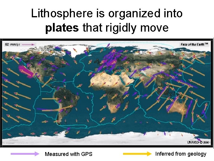 Lithosphere is organized into plates that rigidly move Measured with GPS Inferred from geology