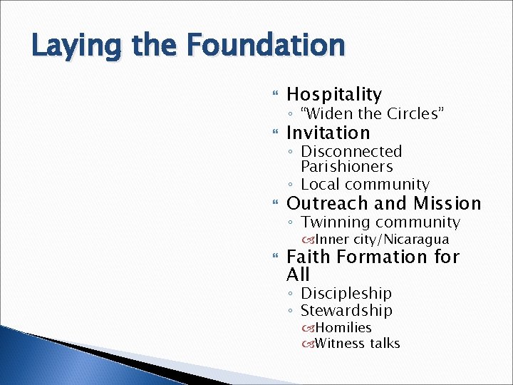 Laying the Foundation Hospitality Invitation Outreach and Mission ◦ “Widen the Circles” ◦ Disconnected