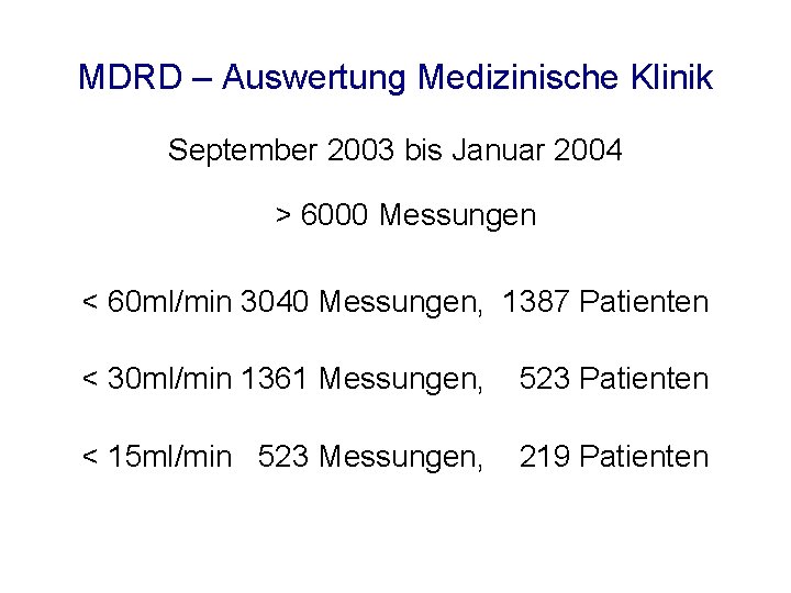 MDRD – Auswertung Medizinische Klinik September 2003 bis Januar 2004 > 6000 Messungen <