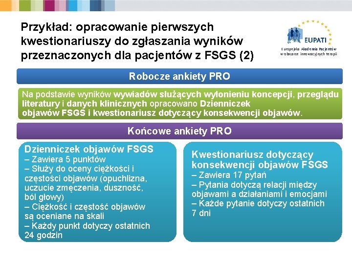 Przykład: opracowanie pierwszych kwestionariuszy do zgłaszania wyników przeznaczonych dla pacjentów z FSGS (2) Europejska