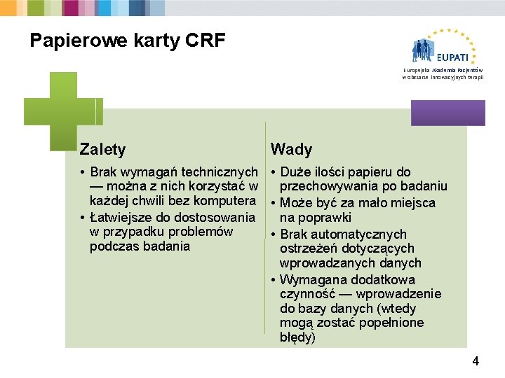 Papierowe karty CRF Europejska Akademia Pacjentów w obszarze innowacyjnych terapii Zalety Wady • Brak