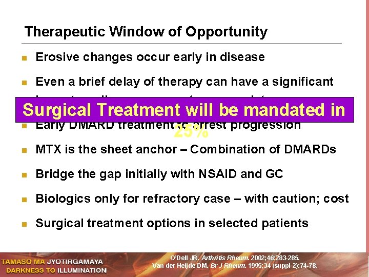 Therapeutic Window of Opportunity n n Erosive changes occur early in disease Even a