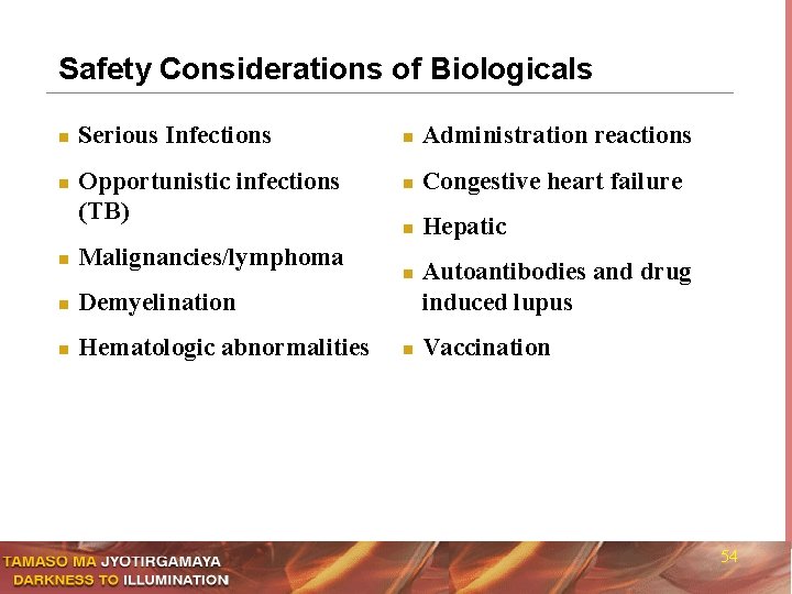 Safety Considerations of Biologicals n n Serious Infections Opportunistic infections (TB) n Malignancies/lymphoma n