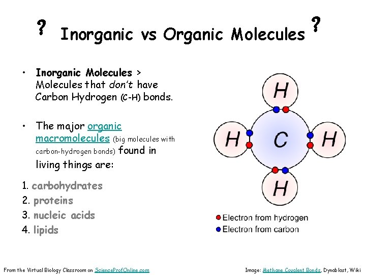 ? ? Inorganic vs Organic Molecules • Inorganic Molecules > Molecules that don’t have