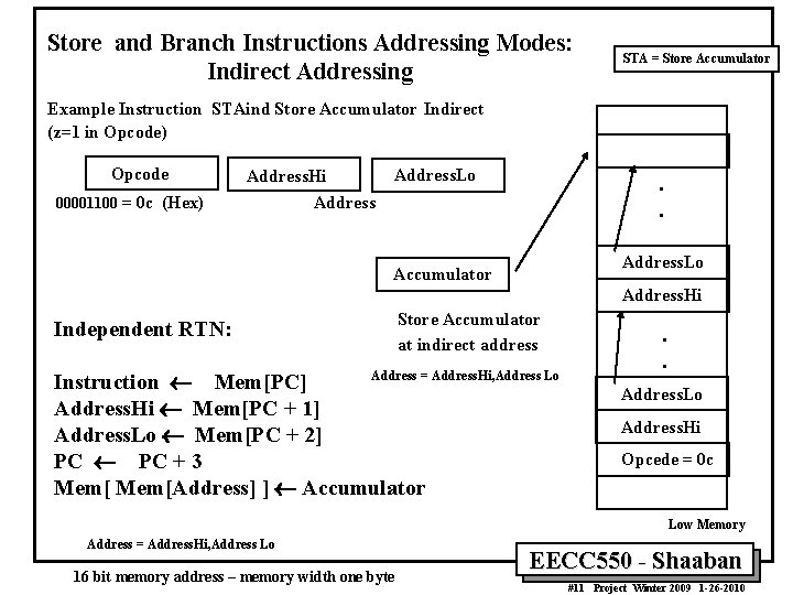 Store and Branch Instructions Addressing Modes: Indirect Addressing STA = Store Accumulator Example Instruction