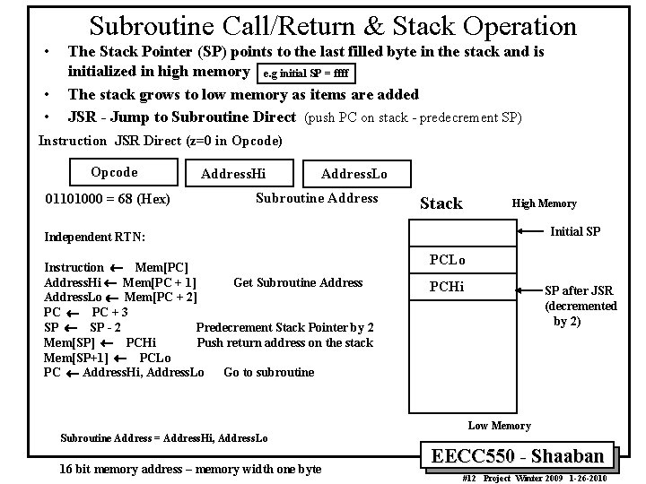 Subroutine Call/Return & Stack Operation • • • The Stack Pointer (SP) points to