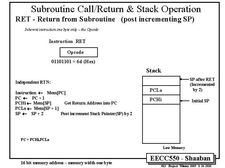 Subroutine Call/Return & Stack Operation RET - Return from Subroutine (post incrementing SP) Inherent