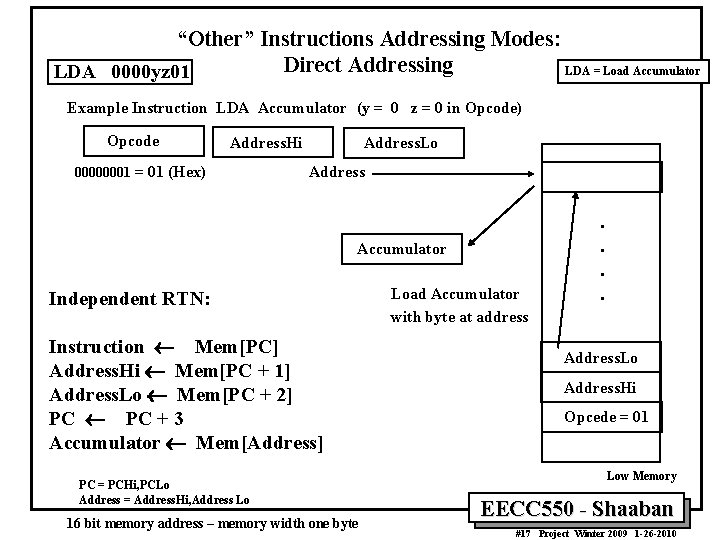 “Other” Instructions Addressing Modes: Direct Addressing LDA = Load Accumulator LDA 0000 yz 01