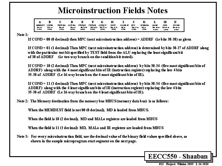 Microinstruction Fields Notes A MEMDEST Bits 0 -1 (2 bits) B LCNTRL Bits 2