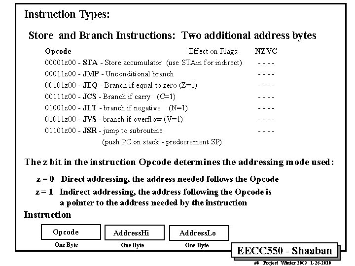 Instruction Types: Store and Branch Instructions: Two additional address bytes Opcode Effect on Flags: