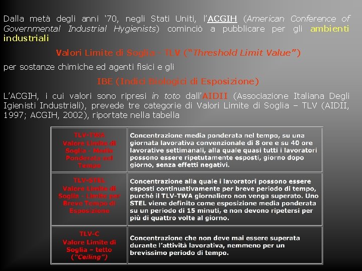 Dalla metà degli anni ‘ 70, negli Stati Uniti, l’ACGIH (American Conference of Governmental