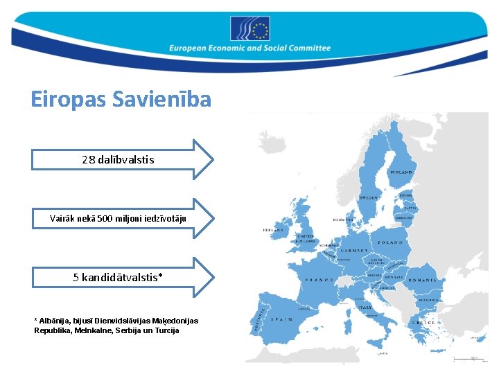 Eiropas Savienība 28 dalībvalstis Vairāk nekā 500 miljoni iedzīvotāju 5 kandidātvalstis* * Albānija, bijusī