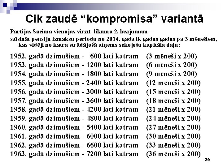 Cik zaudē “kompromisa” variantā Partijas Saeimā vienojās virzīt likuma 2. lasījumam – saīsināt pensiju