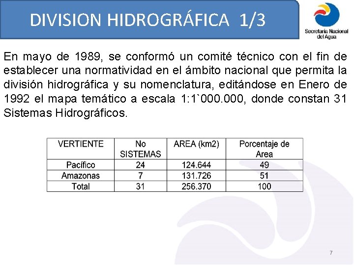 DIVISION HIDROGRÁFICA 1/3 En mayo de 1989, se conformó un comité técnico con el