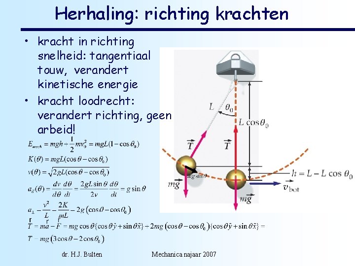 Herhaling: richting krachten • kracht in richting snelheid: tangentiaal touw, verandert kinetische energie •