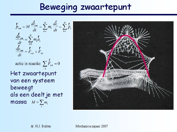 Beweging zwaartepunt Het zwaartepunt van een systeem beweegt als een deeltje met massa dr.