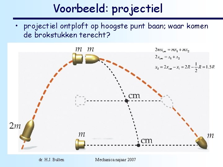 Voorbeeld: projectiel • projectiel ontploft op hoogste punt baan; waar komen de brokstukken terecht?