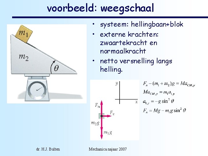 voorbeeld: weegschaal • systeem: hellingbaan+blok • externe krachten: zwaartekracht en normaalkracht • netto versnelling