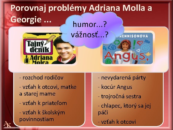 Porovnaj problémy Adriana Molla a Georgie. . . humor. . . ? vážnosť. .