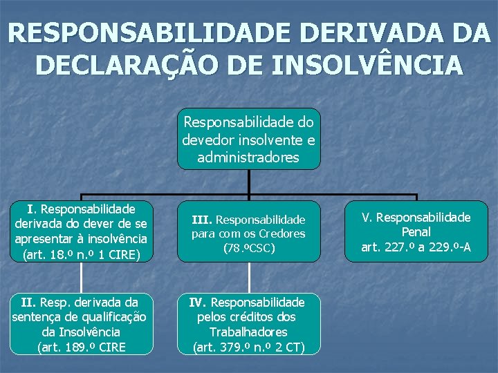RESPONSABILIDADE DERIVADA DA DECLARAÇÃO DE INSOLVÊNCIA Responsabilidade do devedor insolvente e administradores I. Responsabilidade