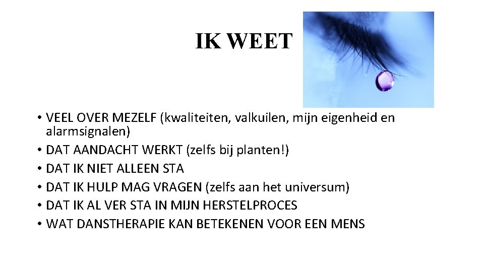 IK WEET • VEEL OVER MEZELF (kwaliteiten, valkuilen, mijn eigenheid en alarmsignalen) • DAT