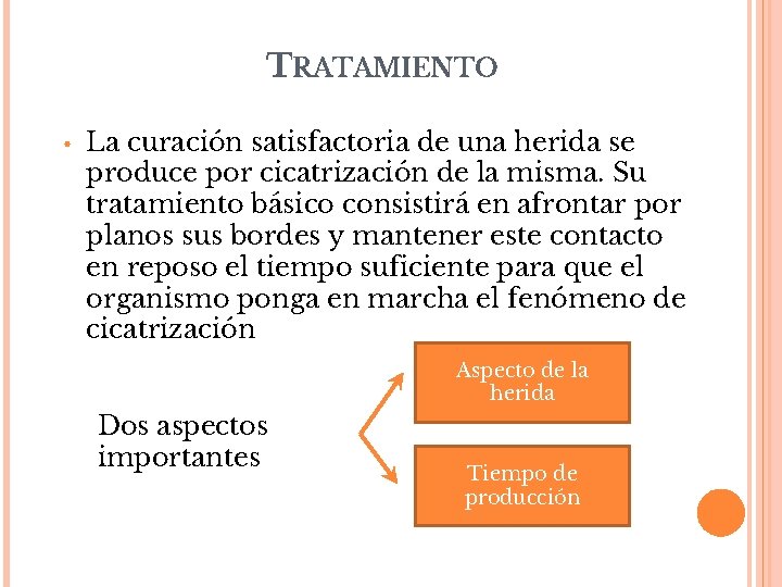 TRATAMIENTO • La curación satisfactoria de una herida se produce por cicatrización de la