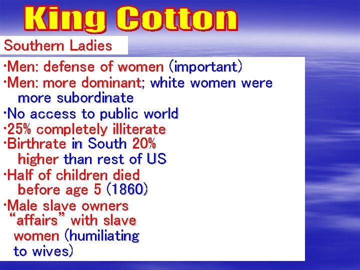 Southern Ladies • Men: defense of women (important) • Men: more dominant; white women