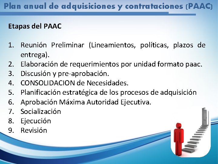 Plan anual de adquisiciones y contrataciones (PAAC) Etapas del PAAC 1. Reunión Preliminar (Lineamientos,