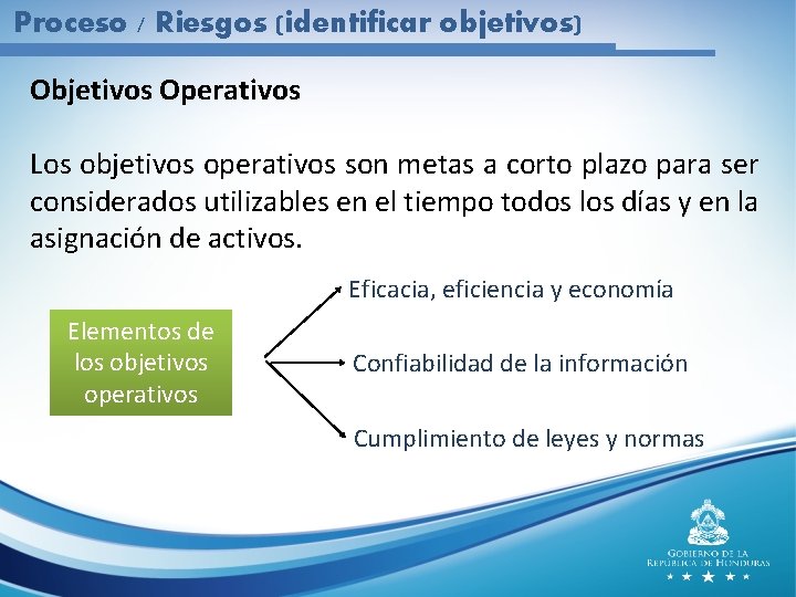 Proceso / Riesgos (identificar objetivos) Objetivos Operativos Los objetivos operativos son metas a corto