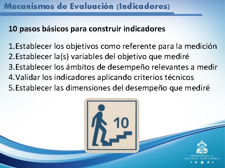 Mecanismos de Evaluación (Indicadores) 10 pasos básicos para construir indicadores 1. Establecer los objetivos