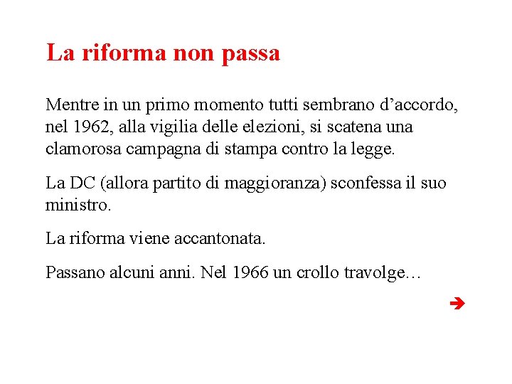La riforma non passa Mentre in un primo momento tutti sembrano d’accordo, nel 1962,