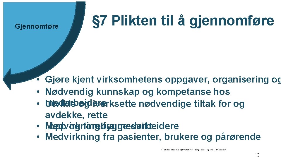 Gjennomføre § 7 Plikten til å gjennomføre • • • Gjøre kjent virksomhetens oppgaver,