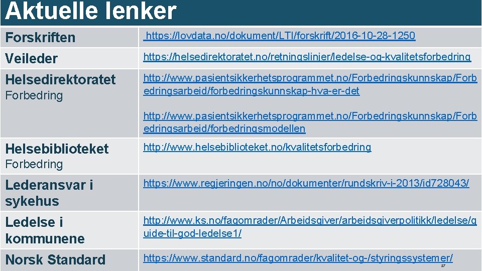 Aktuelle lenker Forskriften https: //lovdata. no/dokument/LTI/forskrift/2016 -10 -28 -1250 Veileder https: //helsedirektoratet. no/retningslinjer/ledelse-og-kvalitetsforbedring Helsedirektoratet